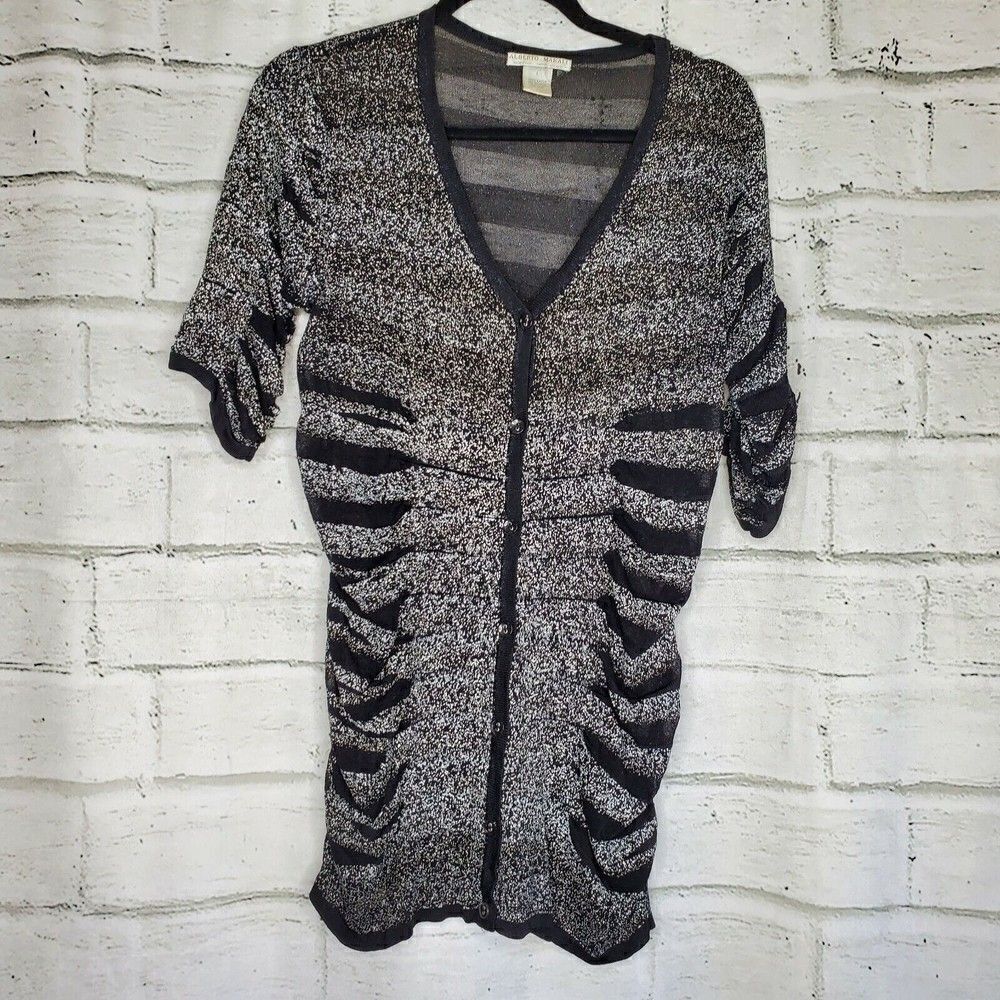 Alberto Makali Black White Button Up Short Sleeve Cardigan Rayon Large